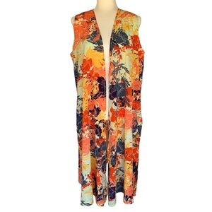 LuLaRoe Joy Orange Floral Print Open Front Sleeveless Vest Duster, Women’s Med